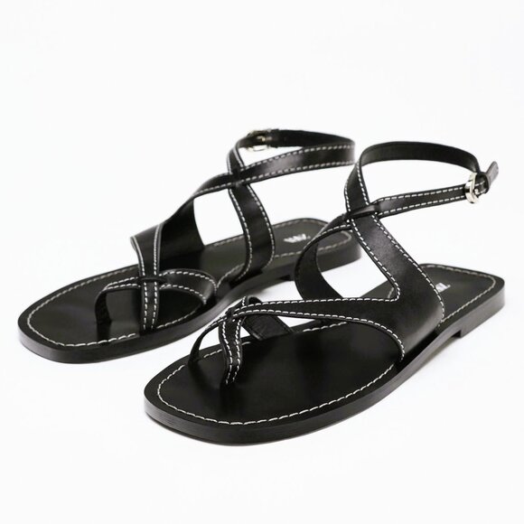 NWT ZARA size 10 LEATHER STRAPPY BLACK SANDALS - Picture 1 of 3